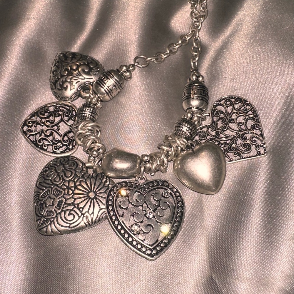 Silver Heart Charm Necklace 7 various hearts, silverplate adjustable length NWT